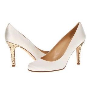Kate Spade ivory satin heels glitter gold bridal 7